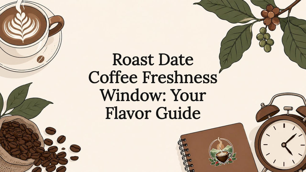 Decorative title card illustration with coffee elements framing title