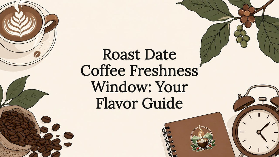 Decorative title card illustration with coffee elements framing title