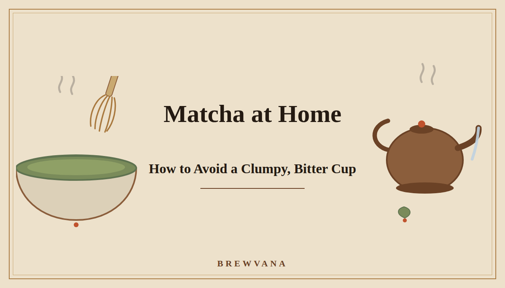 Flat illustration of a matcha bowl with a bamboo whisk and a pouring kettle, titled Matcha at Home: How to Avoid a Clumpy, Bitter Cup