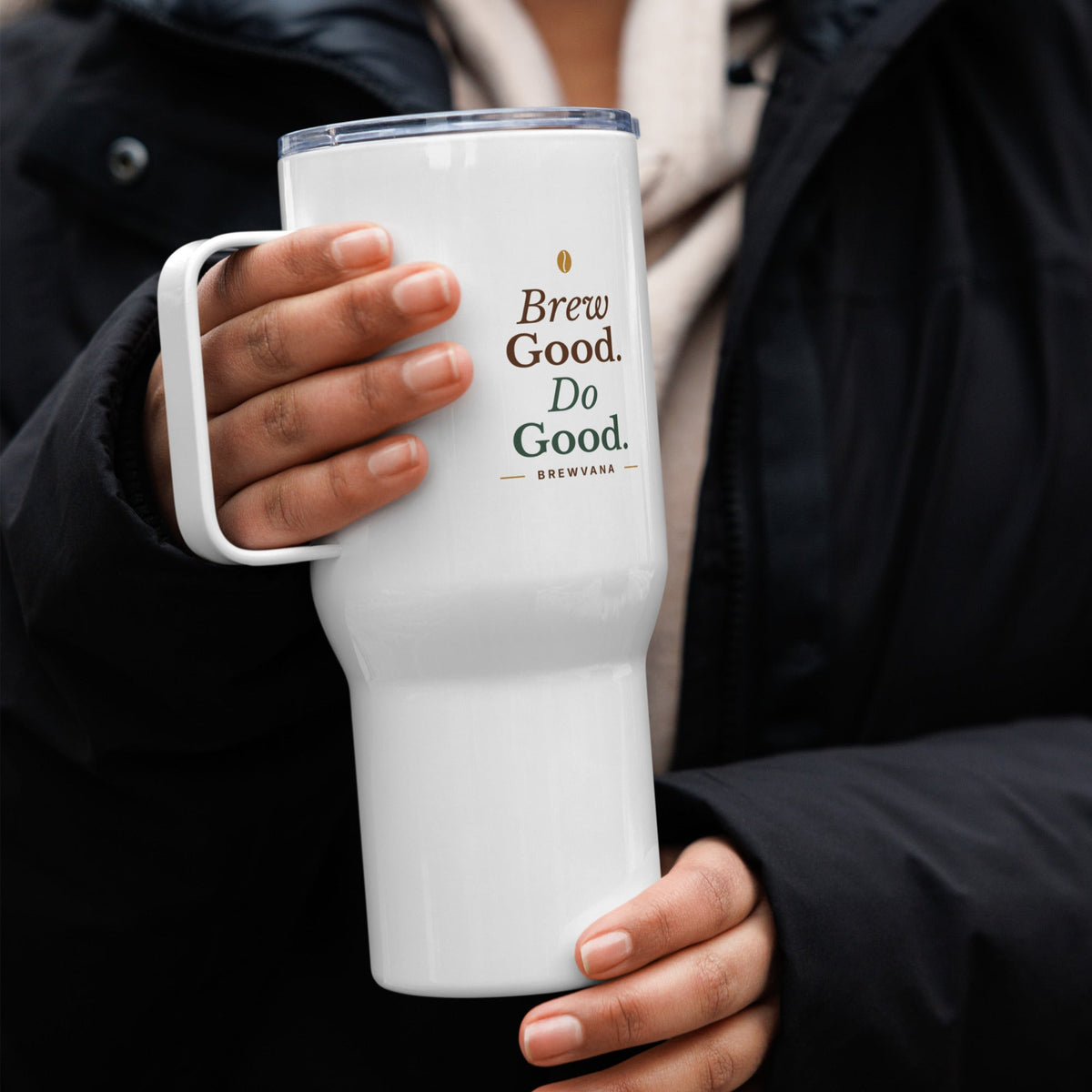 Brew Good. Do Good. Travel Mug with Handle - Brewvana