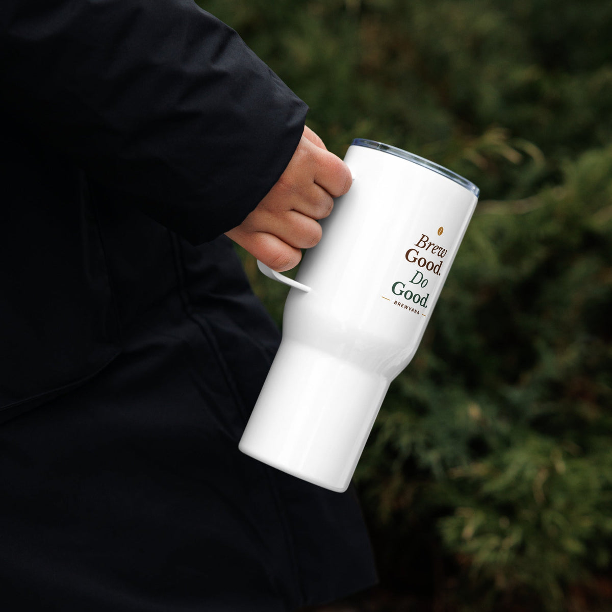 Brew Good. Do Good. Travel Mug with Handle - Brewvana