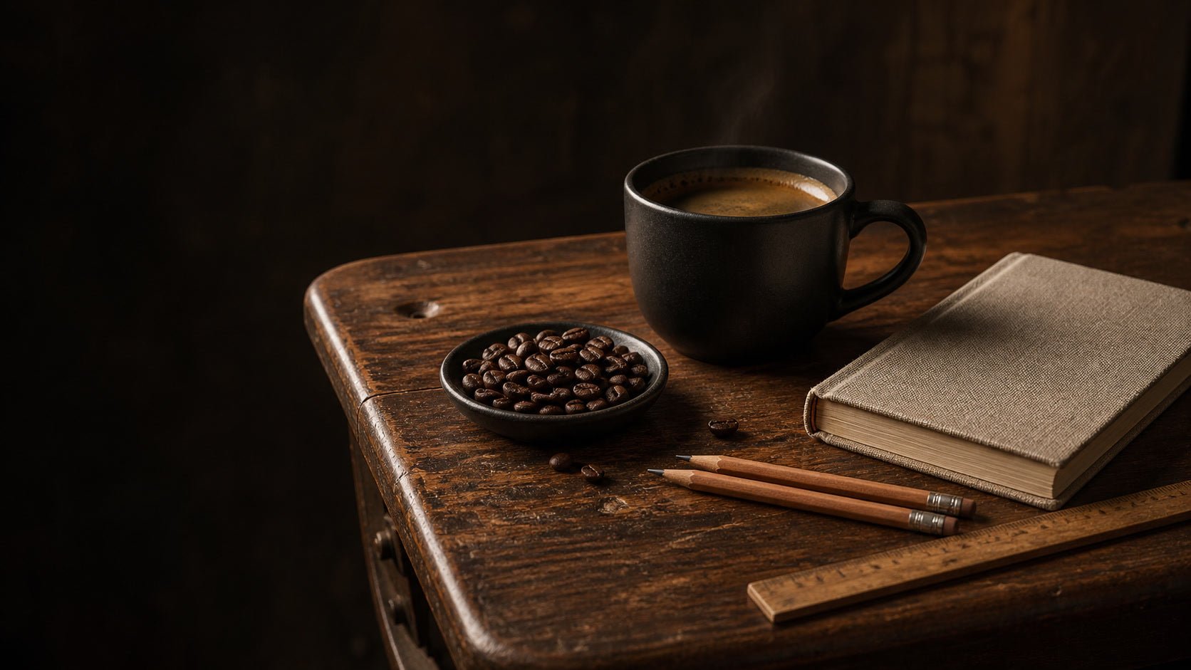 Coffee and simple school supplies on a wooden desk