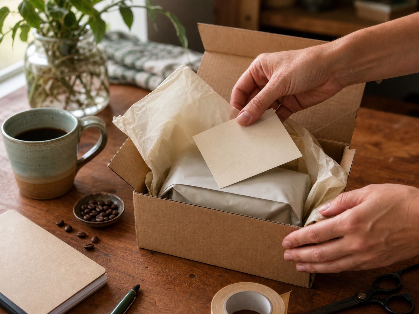 Hands carefully packing a customer order with a personal note