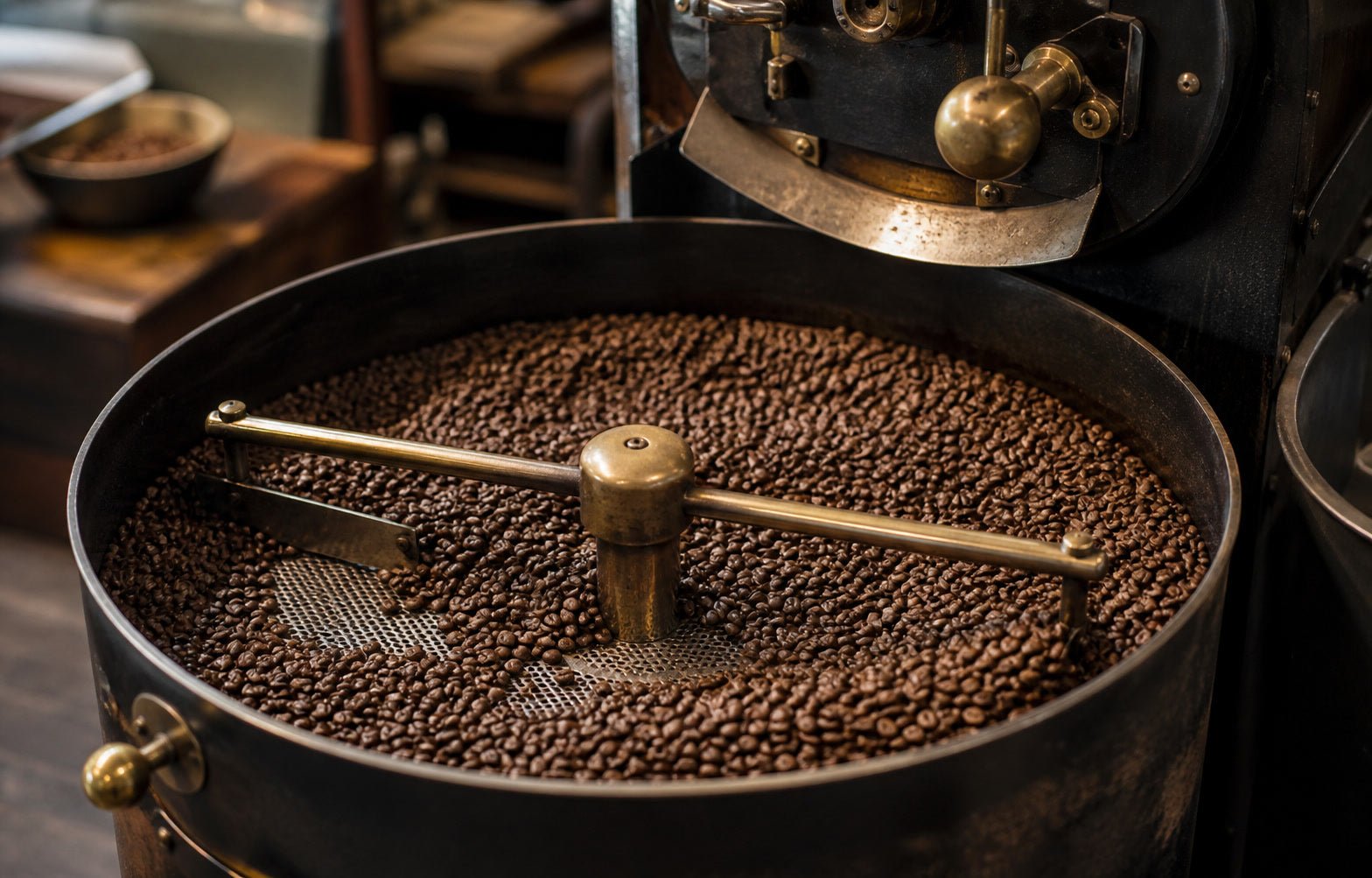 Freshly roasted coffee beans cooling after roasting