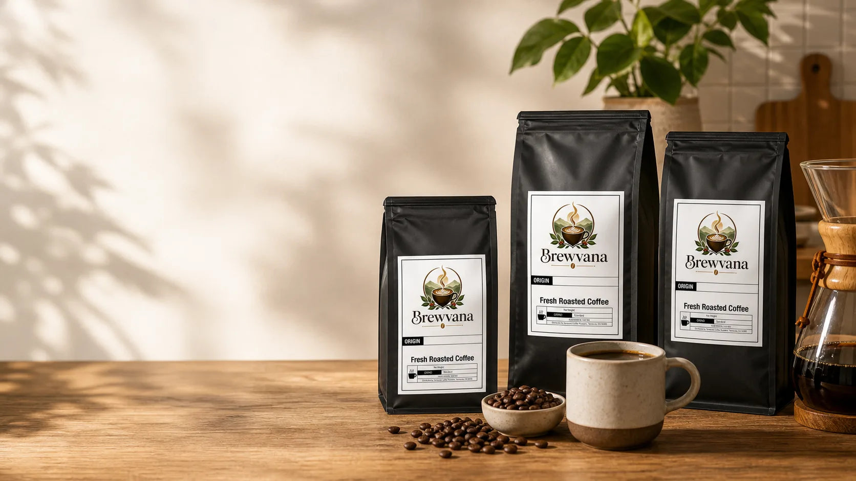 Brewvana coffee bags on a warm kitchen counter